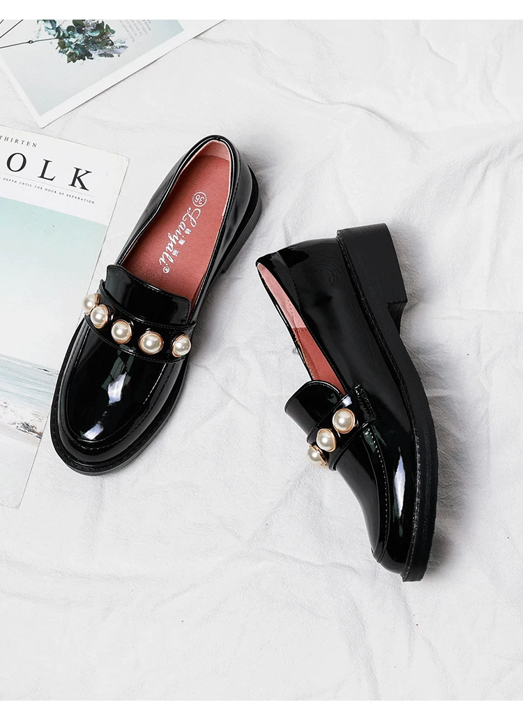 2020 Patent Leather beads oxfords women shoes british derby shoes for woman flats pearl slip on add cashmere loafers size 34-42