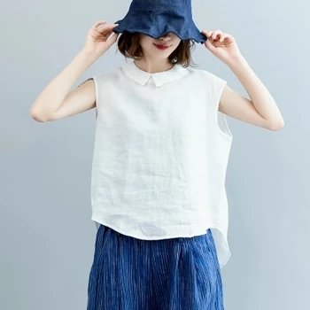 

COIGARSAM Cotton Linen Shirt Womens tops New Summer Turn-down Collar Women shirts White Pink 7269