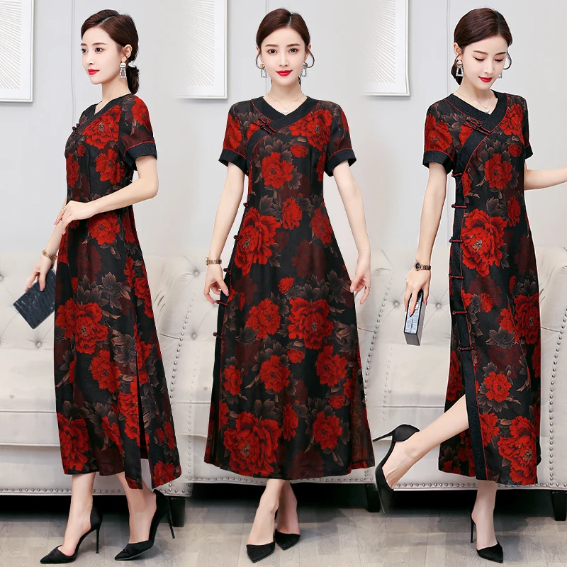 Женское платье в китайском стиле длинное летнее с короткими рукавами женское