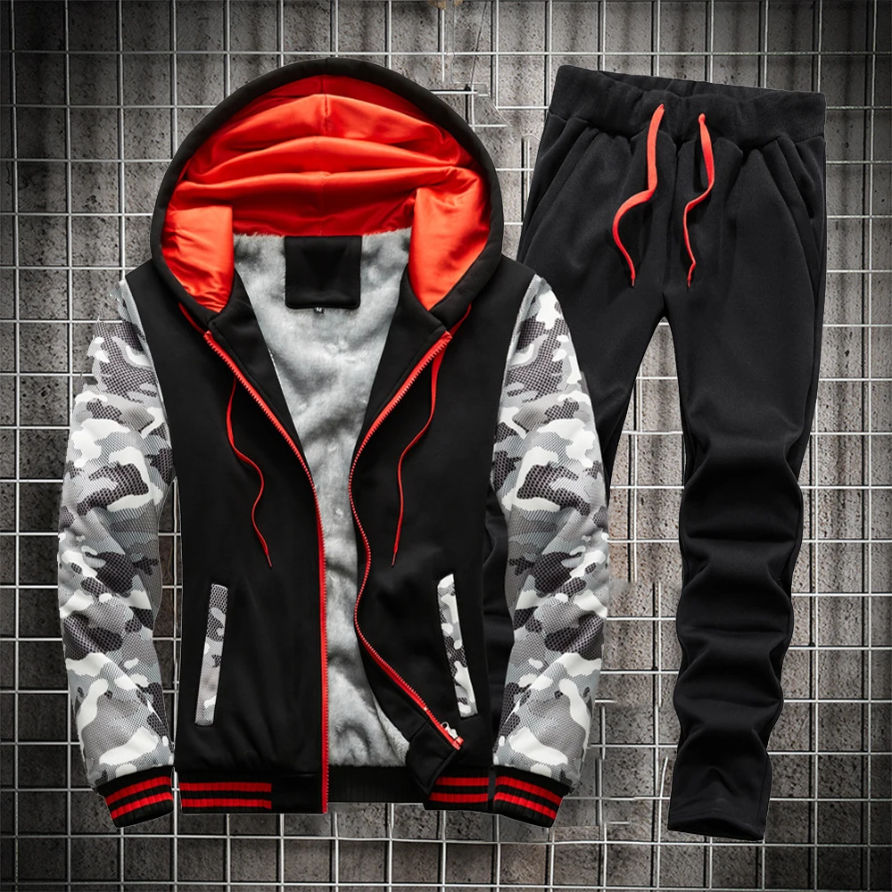 Gym Clothing Men Tracksuit Pants-Set Hoodies Jogging-Suit Warm Man And Fur-Lined