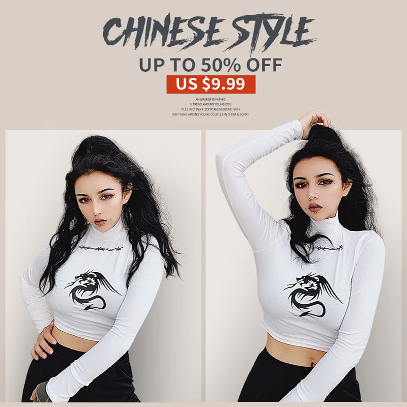 Rapwriter Casual Stand Collar Long Sleeve Mesh Patchwork Sexy T-Shirt Women Harajuku Transparent Crop Tops Tees Party Club