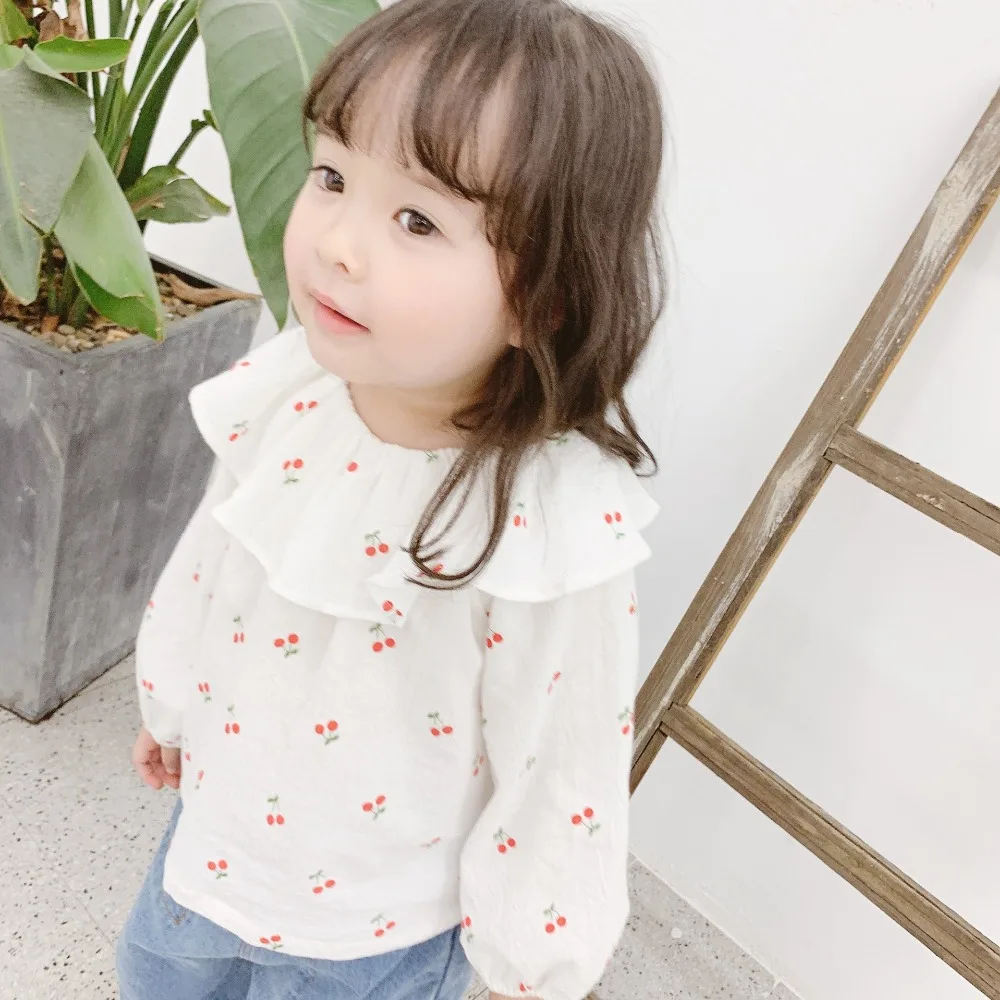 Новые осенние милые блузки с принтом вишни для маленьких девочек топы с оборками и воротником в Корейском стиле, детская одежда детские рубашки с длинными рукавами