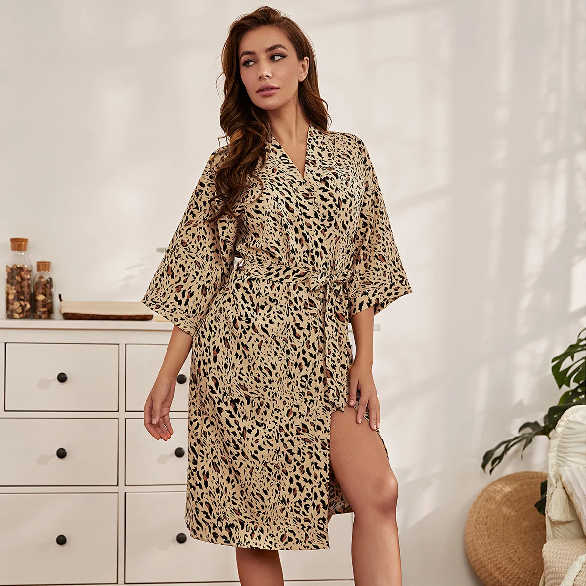 Sexy Long Sleepwear Leopard Print Rayon Robe Women's Pajamas Sexy