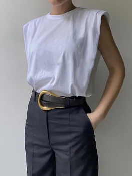 

Black/White Color Women's T-shirt Padded Shoulder Loose Casual Sleeveless Solid Color O-neck Lady T-shirt New Fashion