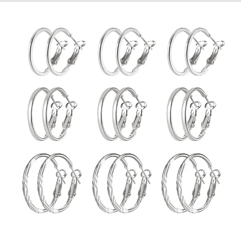silver color 9 Pairs/set Circle Hoop Earrings for Women Gold Color Exaggerated Hoop Ear Loop Smooth Ring Earring Nightclub Ladies Jewelry - Окраска металла: silver color