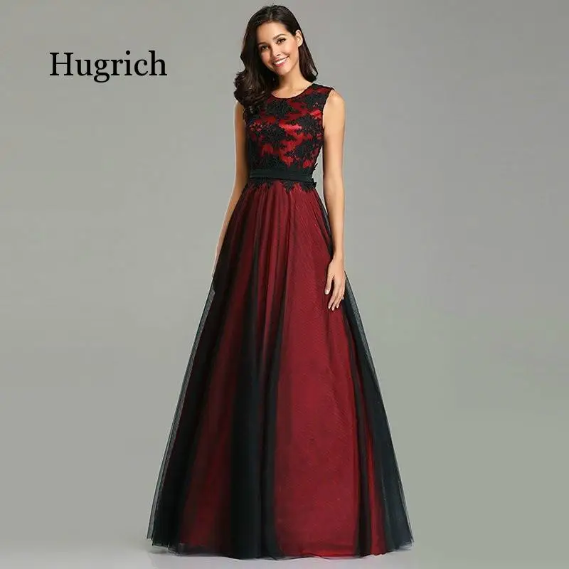 

Robe De Soiree Longue Elegant Black Lace Red Cheap Appliques Chiffon Dress Vestido De Festa