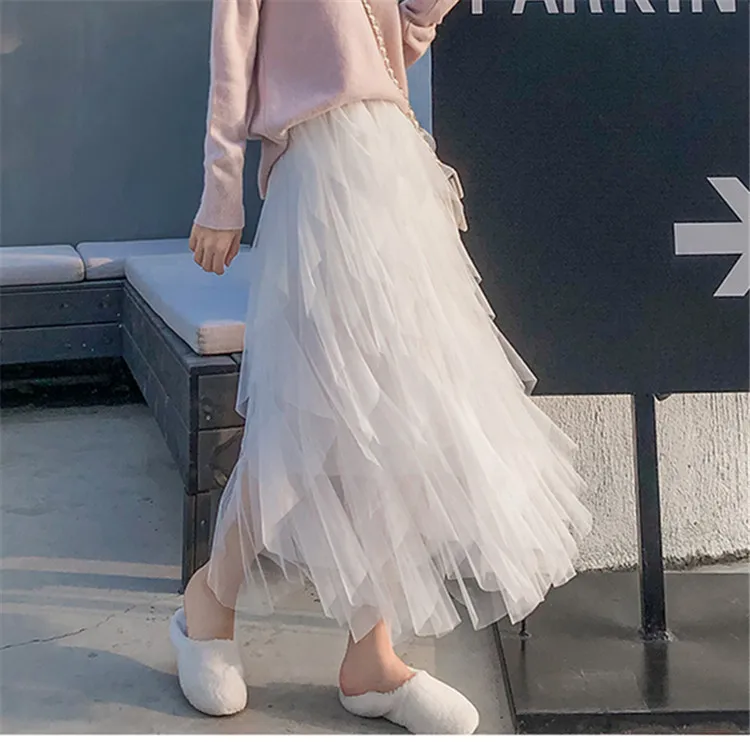 2020 Spring And Summer Gauze Skirt Female Skirt White Fluffy Long Skirt