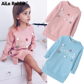 

2019 Autumn Winter Cartoon Letter Embroidery Sweatshirt Girl Fashion Long Hoodie Dress Pullover Moletom Feminina