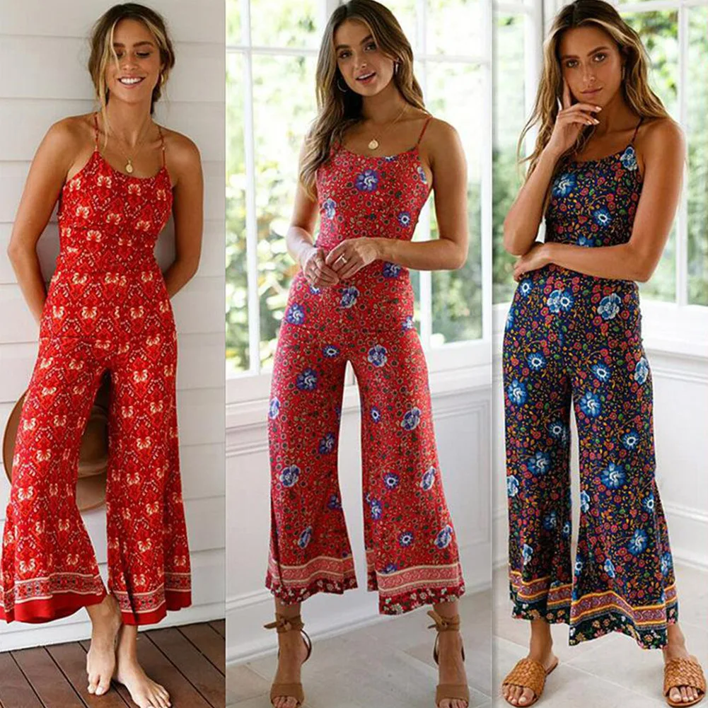 Oufisun летний женский Jumpusit Повседневный без рукавов Boho Цветочный боди сексуальный с открытой спиной праздник широкие ноги свободные длинные брюки