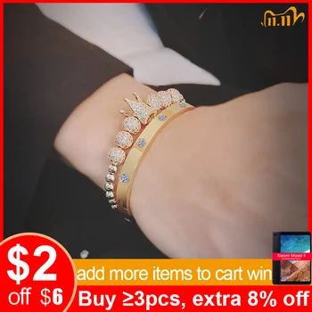 

Vnox 2pcs/ Set Magnificent Men Bracelet Set Luxury AAA CZ Stone Bling Crown Charm Beads Bracelet Top Quality Male Jewelry