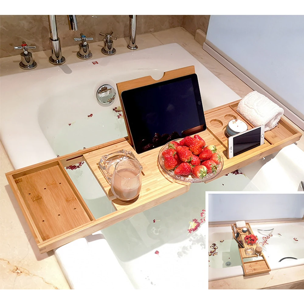 Bamboo Bathtub Caddy Tray Bath Shelf Rack Tablet Phone Wine Glass Soap Holder US 