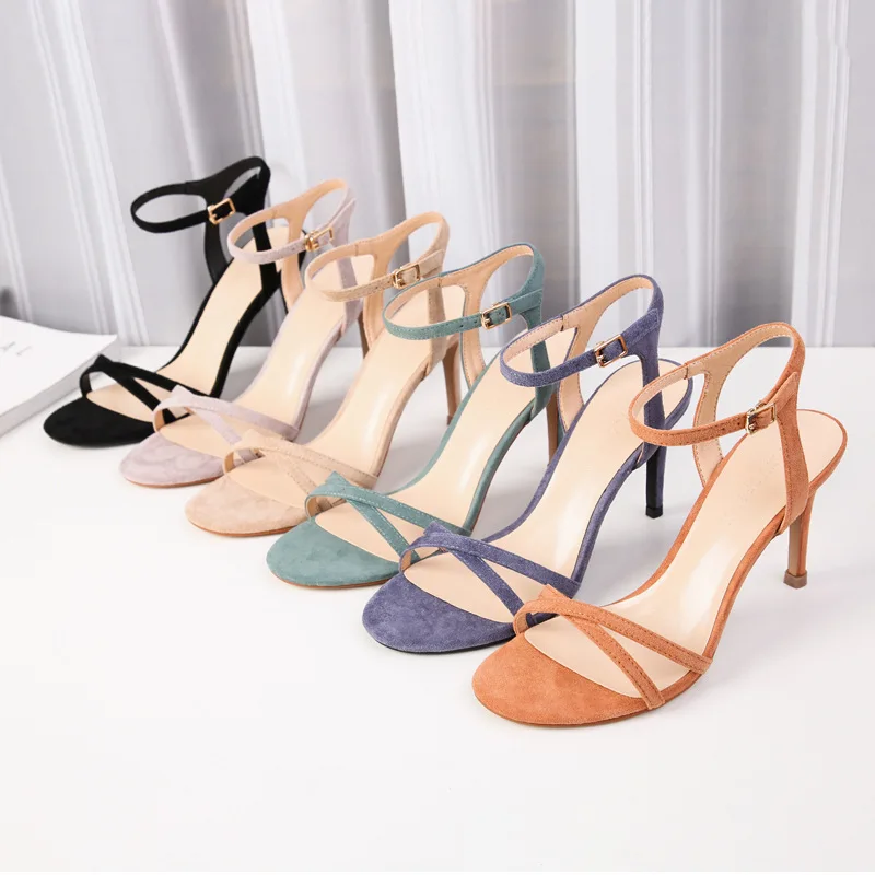

Women High Heels Sandals Shoes Woman 8.5cm Thin Heels Pumps Sandals Ladies Flock Solid Ankle Straps Casual Sexy Wedding Shoes