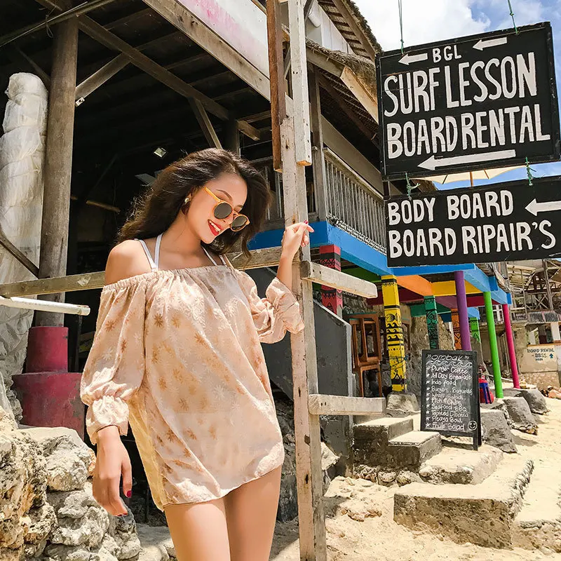 

Betis Bathing Suit Women's Fashion Spa Resort Bathing Suit Three-piece Set Small Bust Gathering Elegant Printed Comfortable Boxe