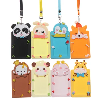 

8 types Cute Animal Shape ID Badge Card Holder Silicone Business Card Case Cover with Rope Protector Cover Student Supplies