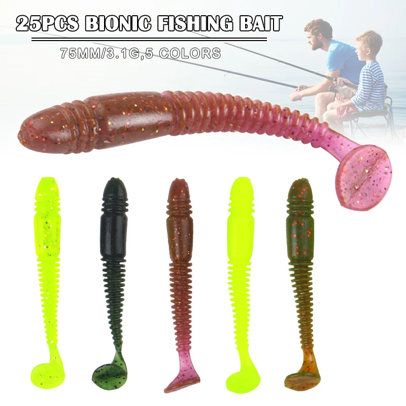 25PCS Fishing Lure Simulation Artificial Soft T-tail Bionic Worm Bait Tackle &ampT8 | Спорт и развлечения