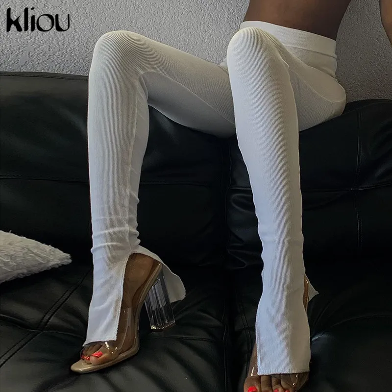 Precio Especial Kliou-mallas acanaladas informales para mujer, leggings ajustados de cintura alta, deportivas con abertura, ropa de calle de entrenamiento, ropa activa jlOkMaJ7m