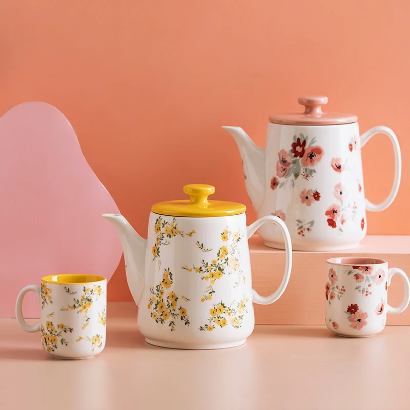 1000ml Flower Pattern Porcelain Teapot With Handle Tea Pot Cup One Set Drinkware Europe Style Kettle Container | Дом и сад