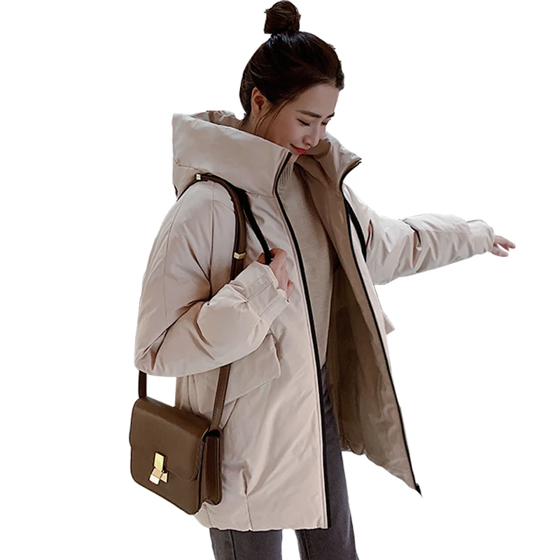 Зимняя хлопковая одежда новая Корейская версия куртки размера плюс женские хлопковые пальто средней длины с капюшоном куртки парки - Цвет: Beige