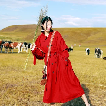 

019 Autumn Women Casual Loose Red Windbreaker Ladies Elegant Long Trench Coat ropa mujer mode femme Clothes plaszcze damskie