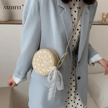 

Elegant Straw Lace Round Shoulder Bags Women Casual Vintage Crossbody Messenger Bags for Fahion Summer Beach Vacation