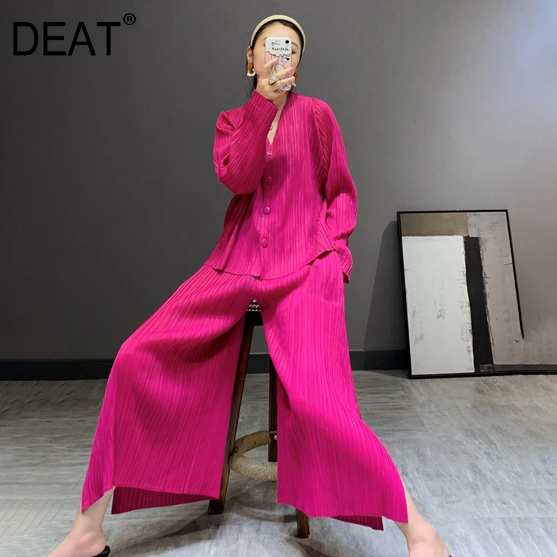 DEAT Pleated Oversized Suit Woman Solid Full Sleeve Button Shirts + Long Wide Leg Pants Casual Style 2021 New Autumn 15HT013 |