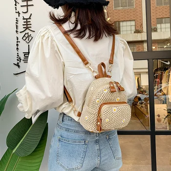 

LJL-Fashion Straw Women's Backpack Bohemian Weave Printed Travel Bag College Student School Bag