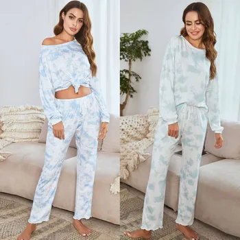 

Asvivid Womens Tie Dye Printed Ruffle Short Lounge Set Long Sleeve Tops and Shorts 2 Piece Pajamas Set Sleepwear