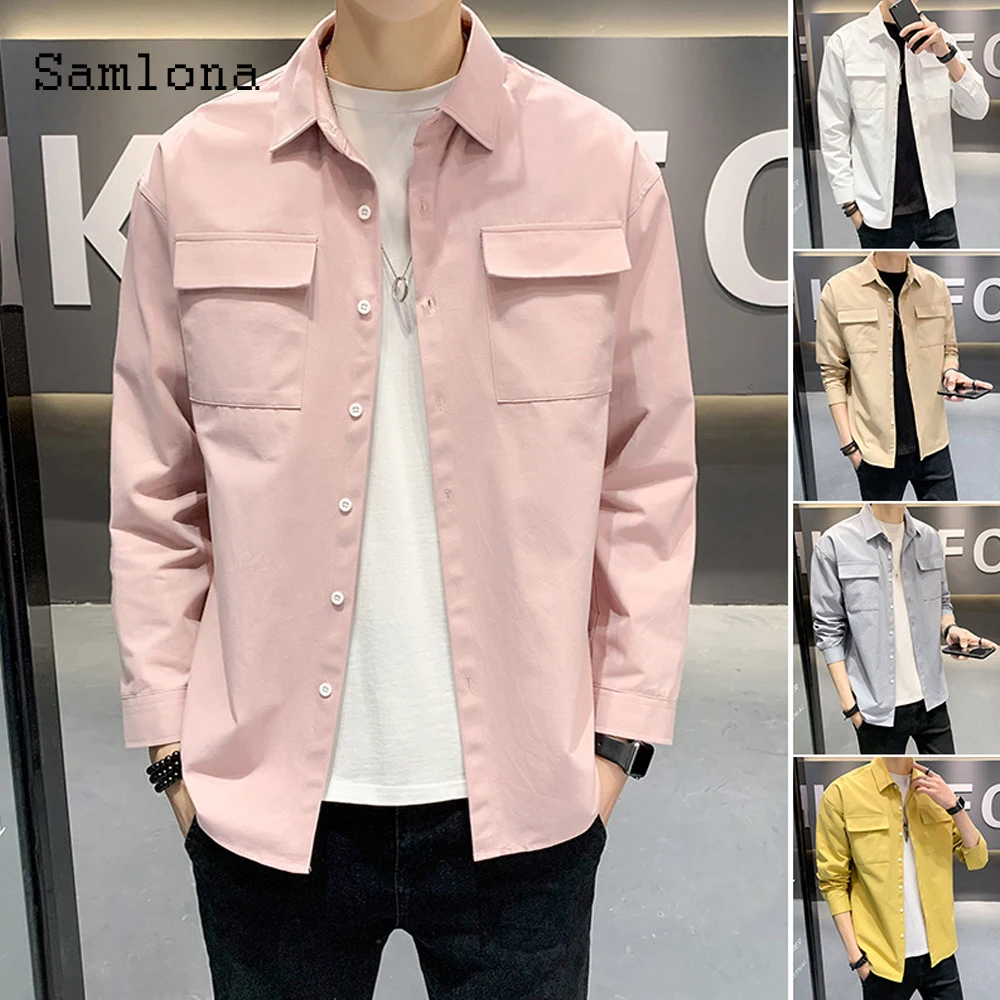 

Single Breasted Mens Fashion Tops Korean Style Blouse Casual Long sleeve shirt Plus size 4xl 5xl solid blusas shirt Men clothing