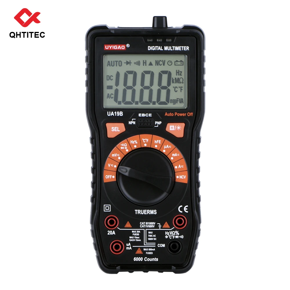 

QHTITEC Digital Multimeter UA19B Temperature Volt Meter Auto Ranging TRMS 6000 Counts Measures NCV Voltage Tester With Backlight