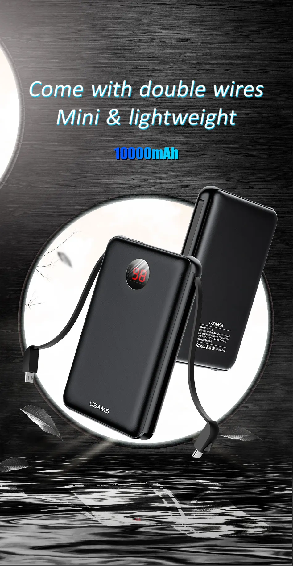 USAMS Mini power Bank 10000 мАч светодиодный дисплей 2.1A быстрая зарядка банк питания с usb-кабелем Внешняя батарея повербанк для Xiaomi