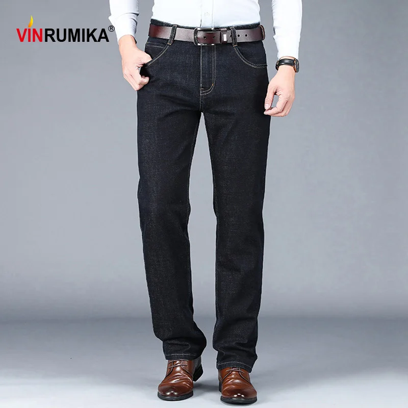 

2023 Europe Men's Spring Classic Casual Brand Straight Thick Jeans Man Black Cowboy Long Trousers Autumn Cotton Denim Blue Pants