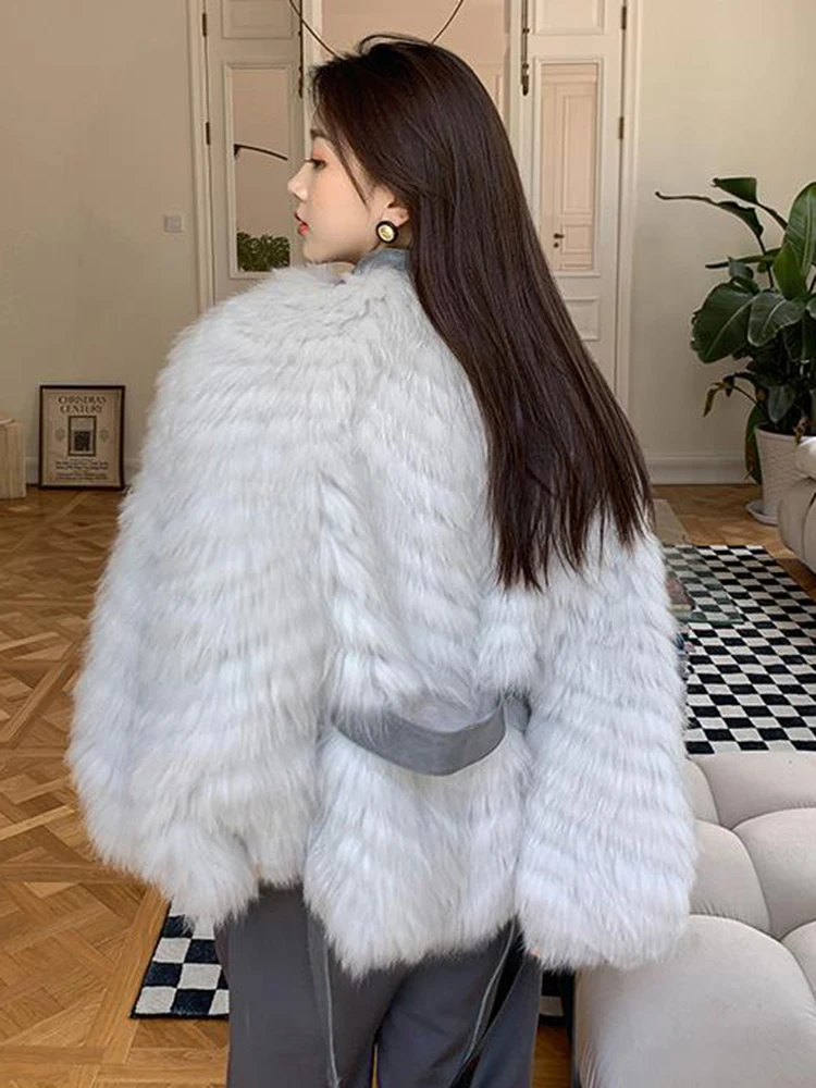 ECRURANI Lace Up Colorblock Fur Coat For Women V Neck Long Sleeve Gathered Waist Temperament Thick Coats Female New Winter 2021