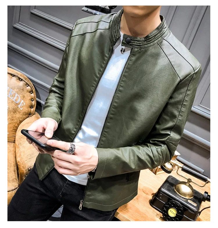 Spring And Autumn MEN'S Leather Coat Men's Thin Korean-style Fashion MEN'S Outerwear Stand Collar Slim Fit PU Leather Jacket Tre