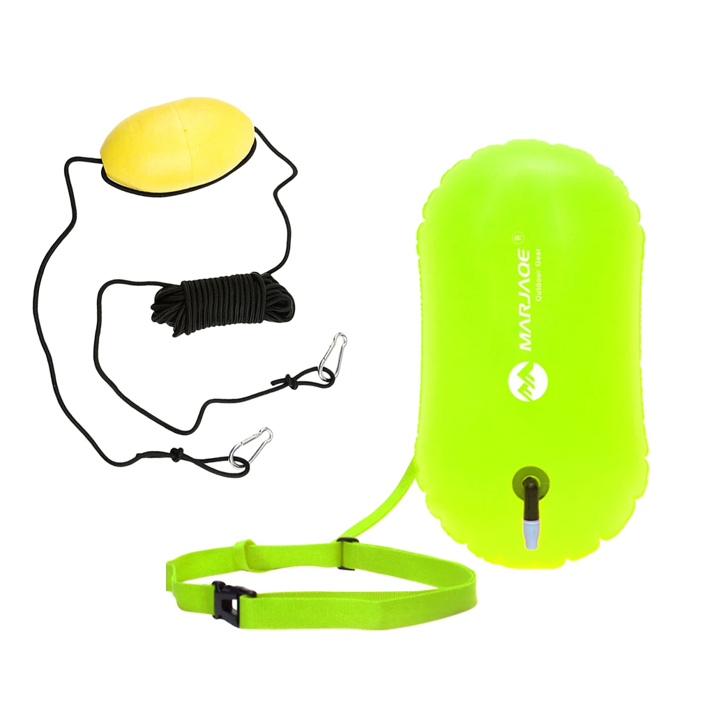 Fluo Yellow Swim Bubble Safety Buoy Float with Orange Kayak Anchor Throw Tow Rope Line Water Swim Buoy