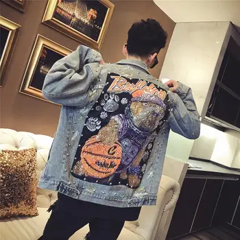

New Style Men Fashion Denim Jackets Man Hip Hop Hole Loose Sequined Casual Denim Jacket Coat Cartoon Printed Outwear Homme