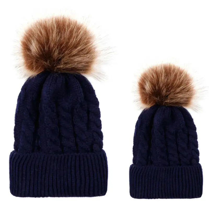 Женская детская теплая зимняя шапка из 2 предметов, вязаная шерстяная шапочка мех с помпоном-кисточкой, вязаная шапка