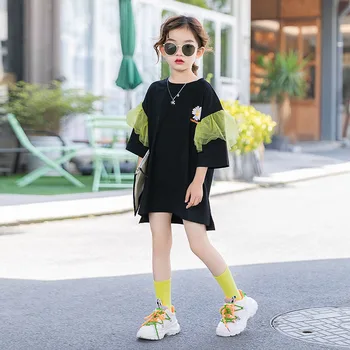 

New 2020 Summer Girls Printing T-shirt Teen Girls Korean Long Style Cotton T-shirt Cute Children Mesh Patchwork T-shirt