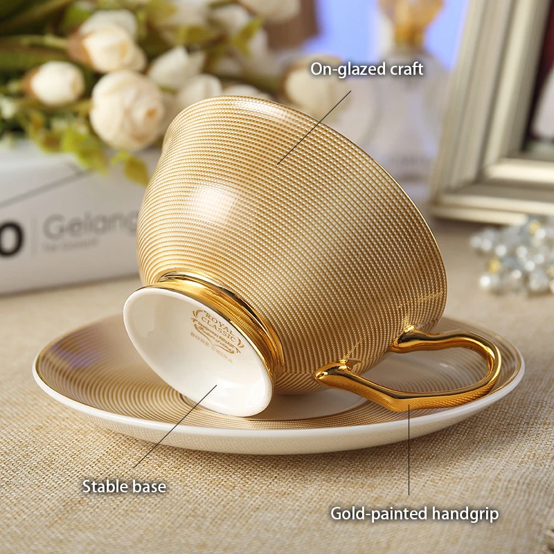 

High-grade Porcelain Tea Cup European Noble Bone China Coffee Cup Saucer Spoon Set 200 Ml Luxury Ceramic Cup Coffee Shop Party