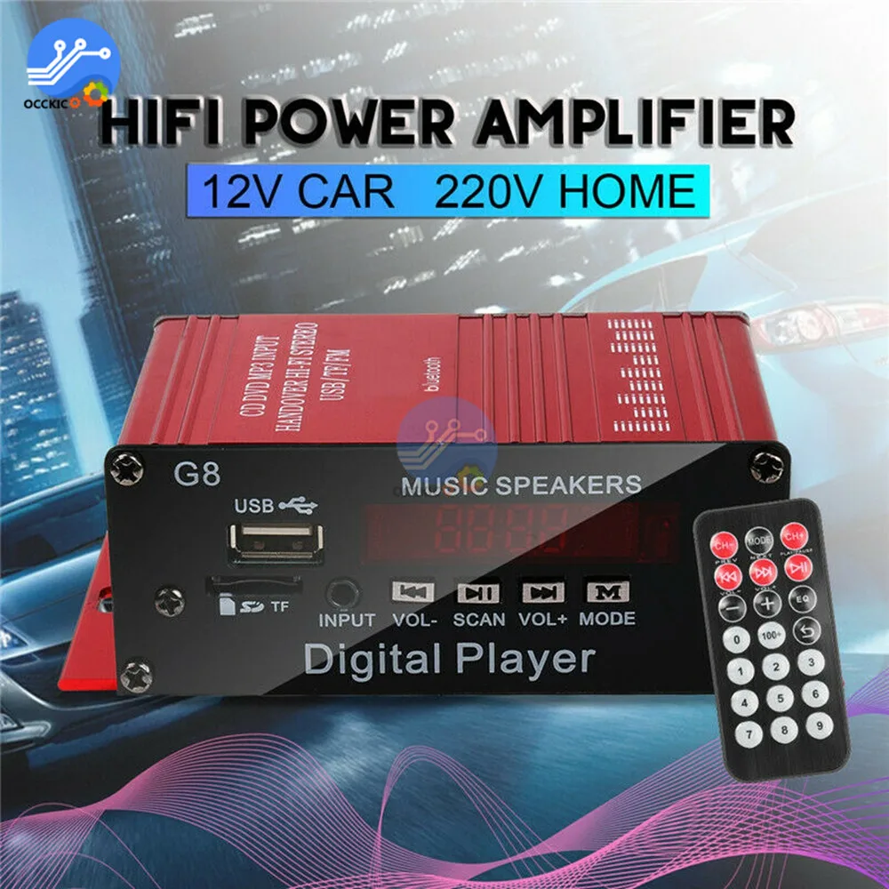 200W 12V Car Audio Bluetooth Amplifier HIFI Home Stereo FM Radio USB AUX TF LED Screen 2CH Power Amplifiers with Remote Control