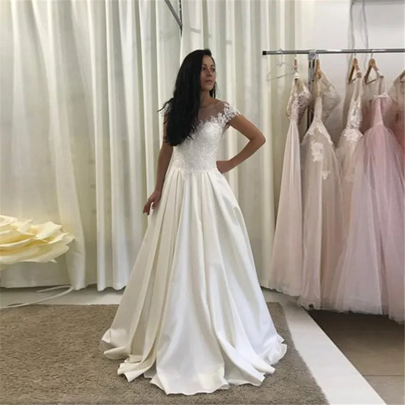 Scoop-Neck-Cap-Sleeve-Wedding-Dresses-2019-Lace-Appliques-Wedding-Gowns-Vestido-de-Noiva-Longo-Custom