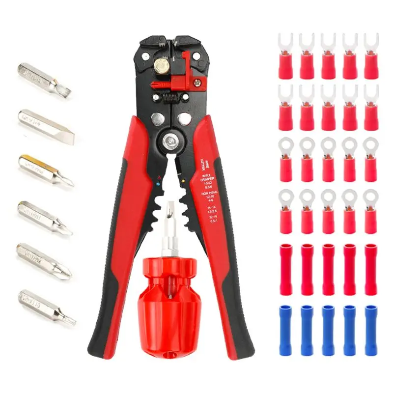 Adjustable Automatic Cable Wire Crimper and Wire Stripper Tool Kit+6 in 1 Adjust screwdriver+30pcs Insulation terminal 83XB
