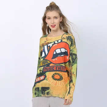 

Mouth Print Loose Pullovers Sueter Mujer Oversized Sweater Winter Fashion Long Sleeves Jumper Women Knitted Clothes Jersey Mujer