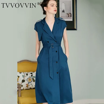 

TVVOVVIN Women Bandage Double Breasted Dress New Lapel Short Sleeve Loose Fit Pockets Fashion Tide Spring Autumn 2020 JZ292