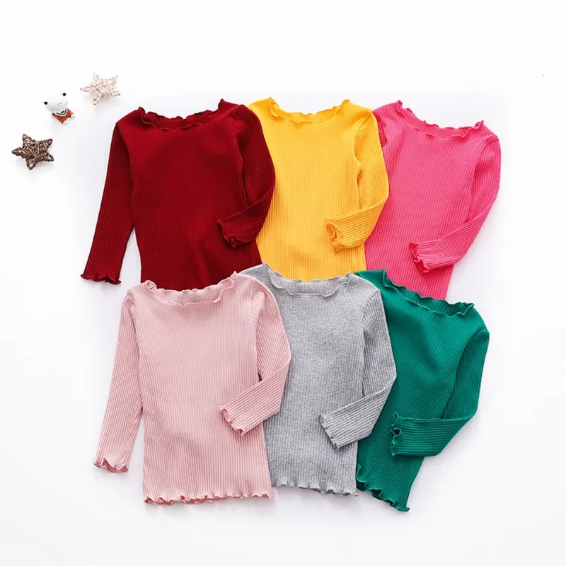 Новая Осенняя Однотонная футболка с длинными рукавами для маленьких девочек Детские хлопковые топы, футболки, повседневная блузка