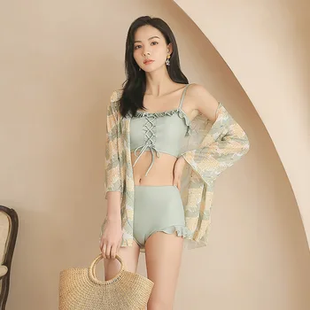 

Swimsuit Fused Push Up Beachwear Female Plus Size Women High Waist Sexy Bikini Smock Swimsuits With Skirt Korea Ins Web Print