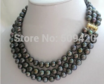 

free shipping beautiful triple strands 8mm natural tahitian black pearl necklace 18"