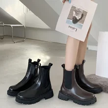 Botas de piel auténtica para mujer, Botines Chelsea con plataforma, de piel de vaca, de fondo grueso, color negro, para primavera y otoño