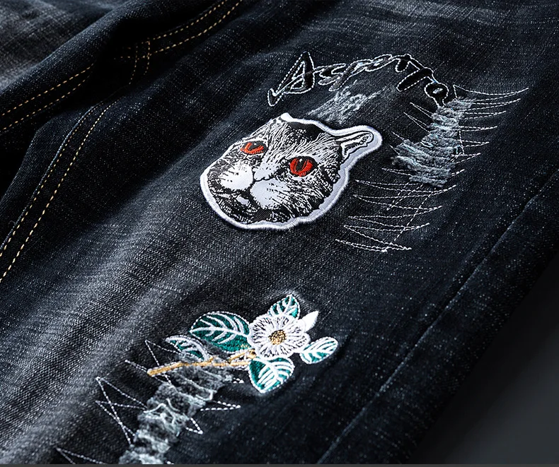 New Style MEN'S Jeans Non-Mainstream Embroidered Cool MEN'S Trousers Faded Retro Casual Straight-Cut Men's Trousers