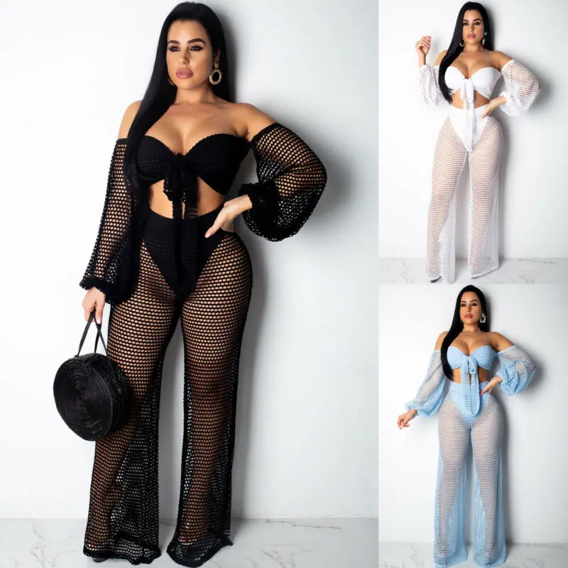 Women Beach Wide Leg Pants+Tops Sexy bodycon See-Through perspective Mesh Sheer Lace Fishnet jumpsuit Bikini Cover Up |