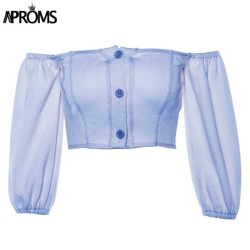 Aproms, эластичный топ с открытыми плечами и пуговицами, сексуальный вязаный укороченный Топ для женщин, уличная одежда, блузка с рукавами-фонариками, рубашка,, элегантная женская блуза - Цвет: Синий
